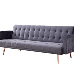 Home Detail Velvet Three Seater Sofa Bed in Grey Pink Blue or Green with Contrast Golden or Rose Gold Finish Legs (Grey with Rose Gold Legs)