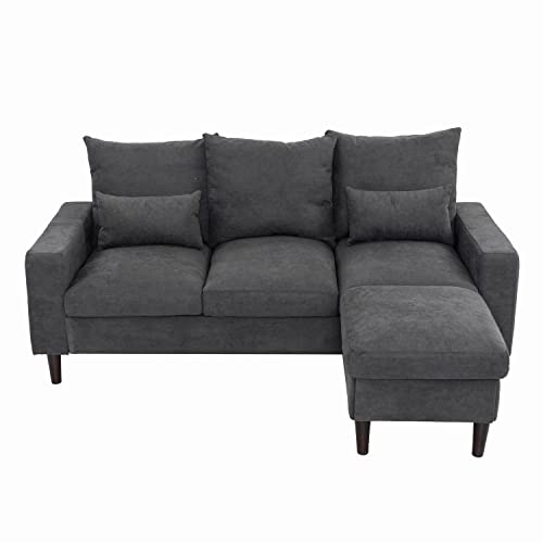 Panana 3-Seater Sofa with Reversible Chaise, Linen Fabric Sofa Couch with Footstool, Grey