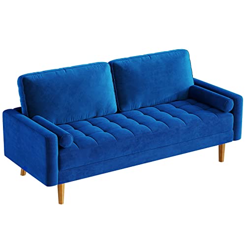 Vesgantti 3 Seater Sofa, Velvet Sofa with 2 Bolster Pillows, Modern Loveseat Sofas for Living Room, Button Tufted Love Seat Couch w/Square Armrest for Guest Room, Bedroom, Office, Blue