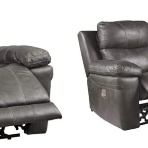 Signature Design by Ashley Erlangen Faux Leather Power Recliner with Adjustable Headrest & USB Charging Port, Gray & Erlangen Faux Leather Power Reclining Loveseat with Console, Gray