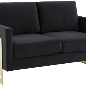 LeisureMod Lincoln Modern Mid-Century Upholstered Velvet Loveseat with Gold Frame, Midnight Black