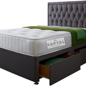 Benzema Divan Bed Plush + 2 Draw Storage Same Side + 24" Rio Princess Diamante HB | Plush (Black Plush, 4FT6 Double)