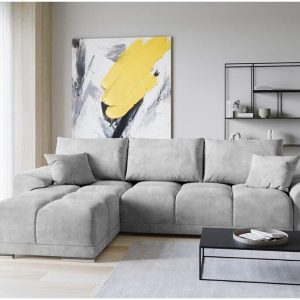 ML Furniture Velvet Corner Sofa Bed – With Storage and Pillows – Pull out Sofa Bed – Grey Day Bed – Sofas for Living Room – Sofabed Sleeping Funktion – 289 x 189 cm