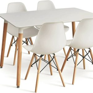 LEPTIS MAGNA Dining Table Set with 4 Chairs for Kitchen, Dining Room, Office or Lounge – White Wood Style Table and 4 Chairs (White)