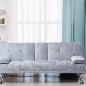 Comfy Living Italian Style Luxury Sofa Bed with Drink Cup Holder Table Crush Velvet 4 Colours (Silver)
