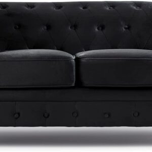 Bravich Velvet Chesterfield Sofa- Black. 2 Seater Settee, Soft Plush Fabric Couch. Living Room Furniture, Easy Clean. 2 Seater- 160cm x 90cm x 78cm