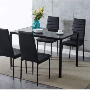 Dining Table and Chairs 4 Seater with Glass Room Leather Kitchen Furniture Set (Black Table120cm + 4 Black Chair)