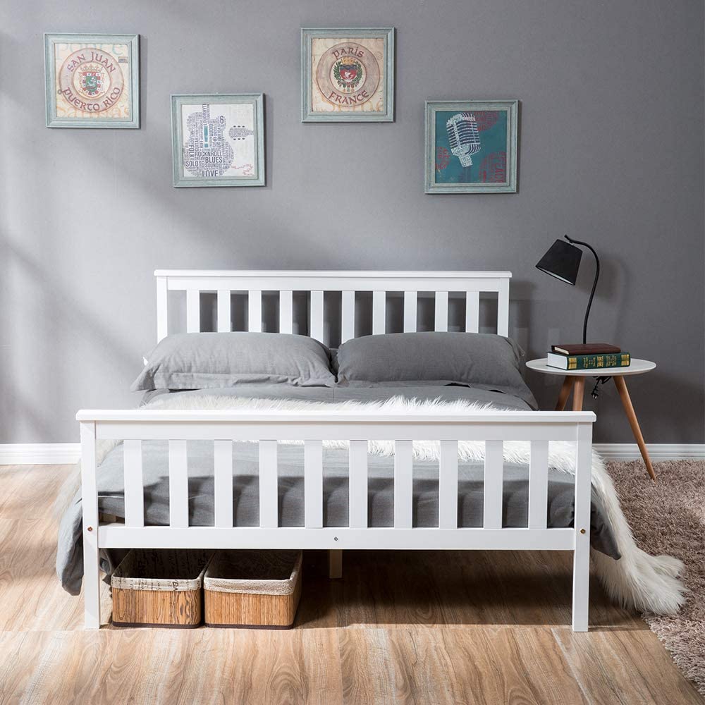 Bed Wooden Frame White Solid Pine for Adults, Kids, Teenagers (135*190cm)