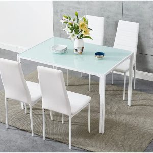 Panana 5Pcs Modern Dining Room Set Glass Dining Table and 4 Faux Leather Chairs Home Kitchen Furniture Set (White, 105cm Table and 4 chairs)