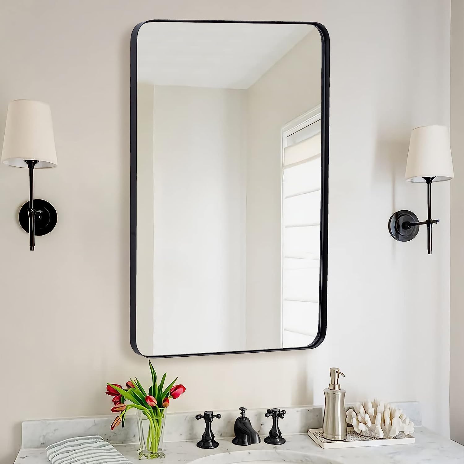 ANDY STAR Wall Mirror for Bathroom, 24×36 Inch Black Bathroom Mirror, Stainless Steel Metal Frame with Rounded Corner, Rectangle Glass Panel Wall Mounted Mirror Decorative for Bathroom