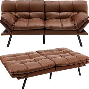 COSTWAY 2 Seater Convertible Sofa Bed, Click Clack Sleeper Couch with Reclining Backrest, Adjustable Armrests & 6 Metal Legs, Padded Loveseat Sofa for Living Room and Bedroom (PU Leather, Brown)