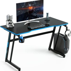 SAWQF 47.5" Gaming Table Z Shape Computer Desk with Adjustable Feet Blue Computer Desk