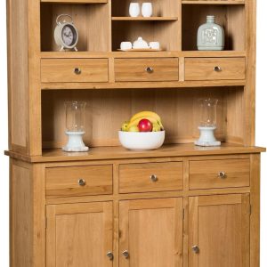 Hallowood Furniture Waverly Large Display Cabinet in Light Oak Finish – Solid Wooden Dresser Display Cabinet with 6 Drawers and Storage Cupboard for Kitchen & Living Room-Storage Unit for Dining Room
