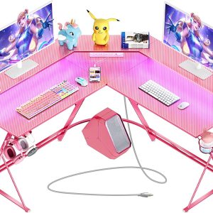 SEVEN WARRIOR Gaming Desk 50.4” with LED Lights& Power Outlets, L-Shaped Gaming Desk Carbon Fiber Surface with Monitor Stand, Ergonomic Pink Gaming Desk with Cup Holder, Headphone Hook