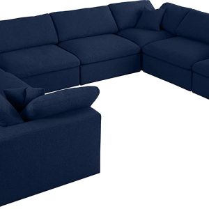 Meridian Furniture Serene Collection Modern | Contemporary Deluxe Cloud-Like Comfort Modular Sectional, Soft Linen Textured Fabric, Down Cushions, 4 Corner + 4 Armless, Navy
