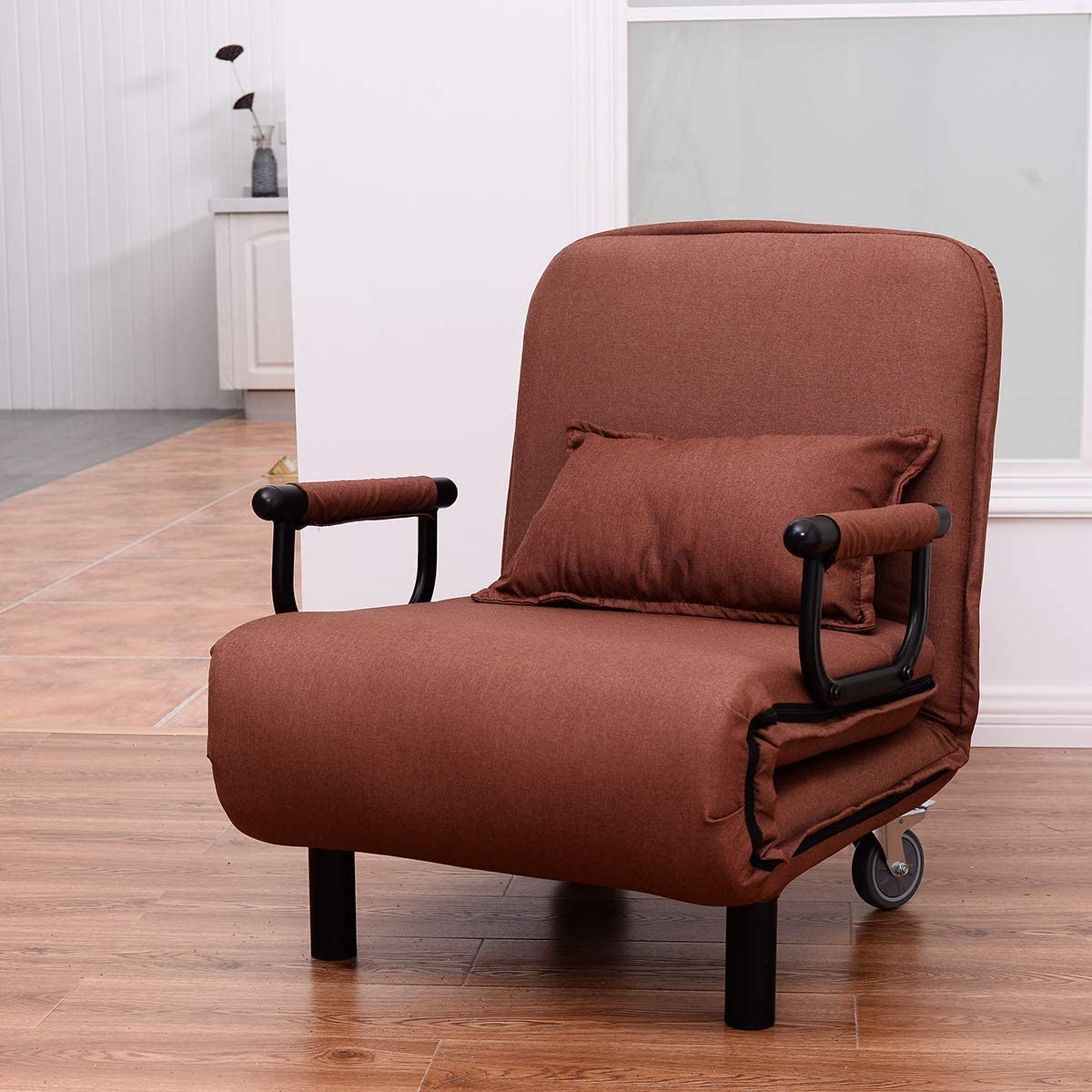COSTWAY Single Folding Sofa Bed Chair Modern Fabric Sleep Function Holder W/Pillow & Wheel for Home Bedroom Living Room Office Indoor (Coffee)