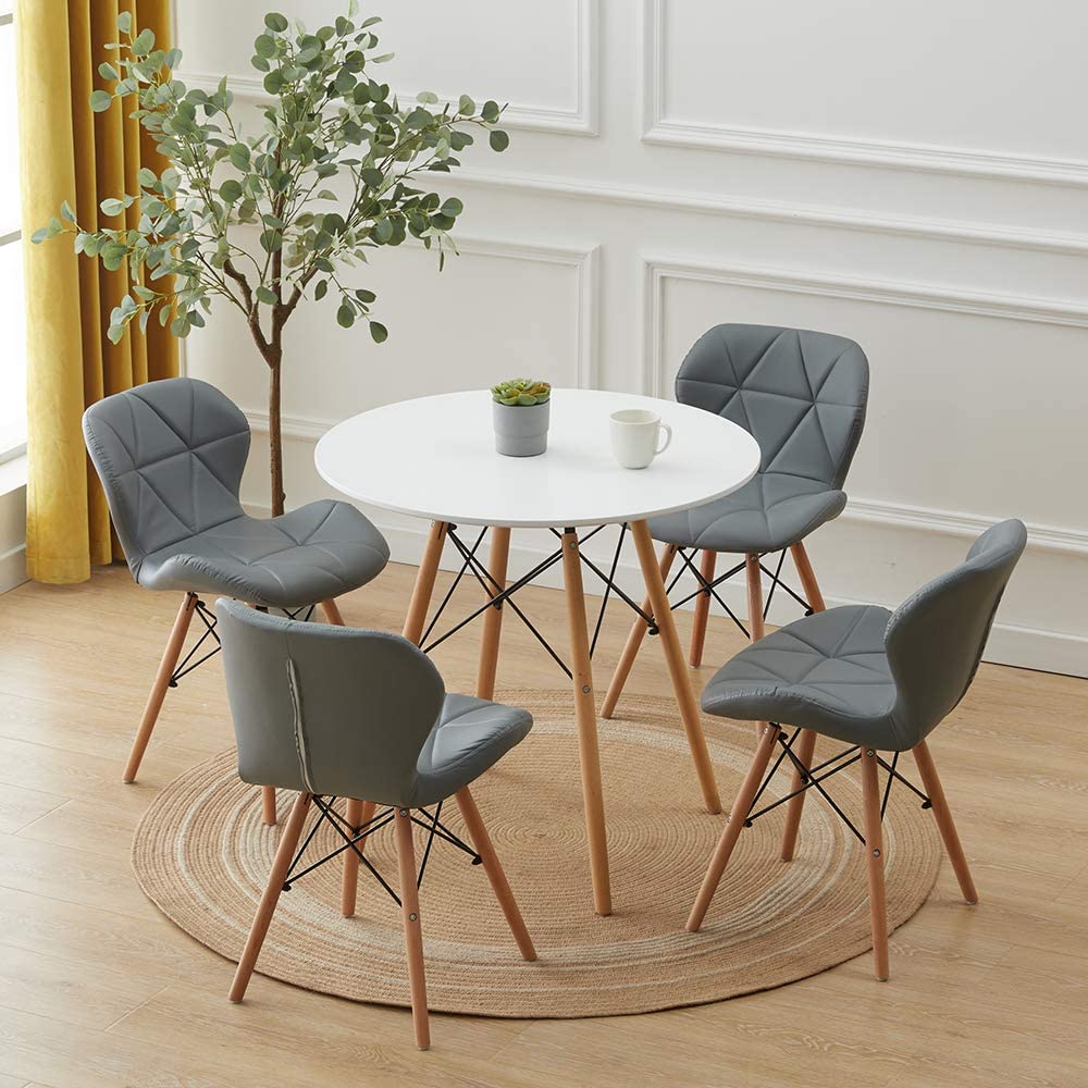 Panana 80cm Round Dining Table With 4 Dining Chairs Set Lounge Bar Office Home Set (White Table+4pcs Grey Chairs)