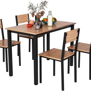 KU Syang Dining Table and 4 Chairs Set, Industrial Kitchen Table Chairs Sets with Wood and Metal Frame, 5 Piece Compact Home Kitchen Dining Room Furniture, Space Saving, Rustic Brown