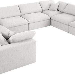 Meridian Furniture Serene Collection Modern | Contemporary Deluxe Cloud-Like Comfort Modular Sectional, Soft Linen Textured Fabric, Down Cushions, 4 Corner + 4 Armless, Cream
