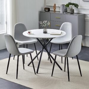 Hallowood Furniture Cullompton Small Round Dining Table and Grey Fabric Chairs Set of 4 with Black Metal Legs – Marble Effect Top Wooden kitchen table – Dining Table and Chairs for Home, Office & Café