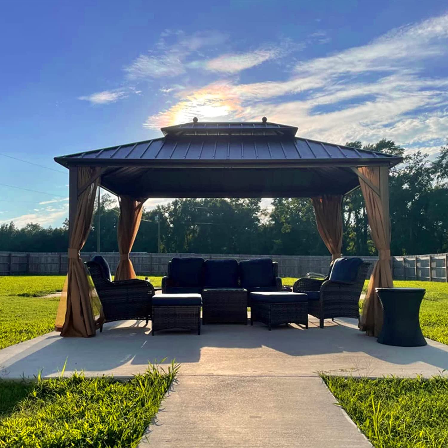 YOLENY 10' X 13' Hardtop Gazebo Galvanized Steel Outdoor Patio Gazebo Canopy Double Roof Pergolas Aluminum Frame with Netting and Curtains for Garden, Patio, Lawns, Parties