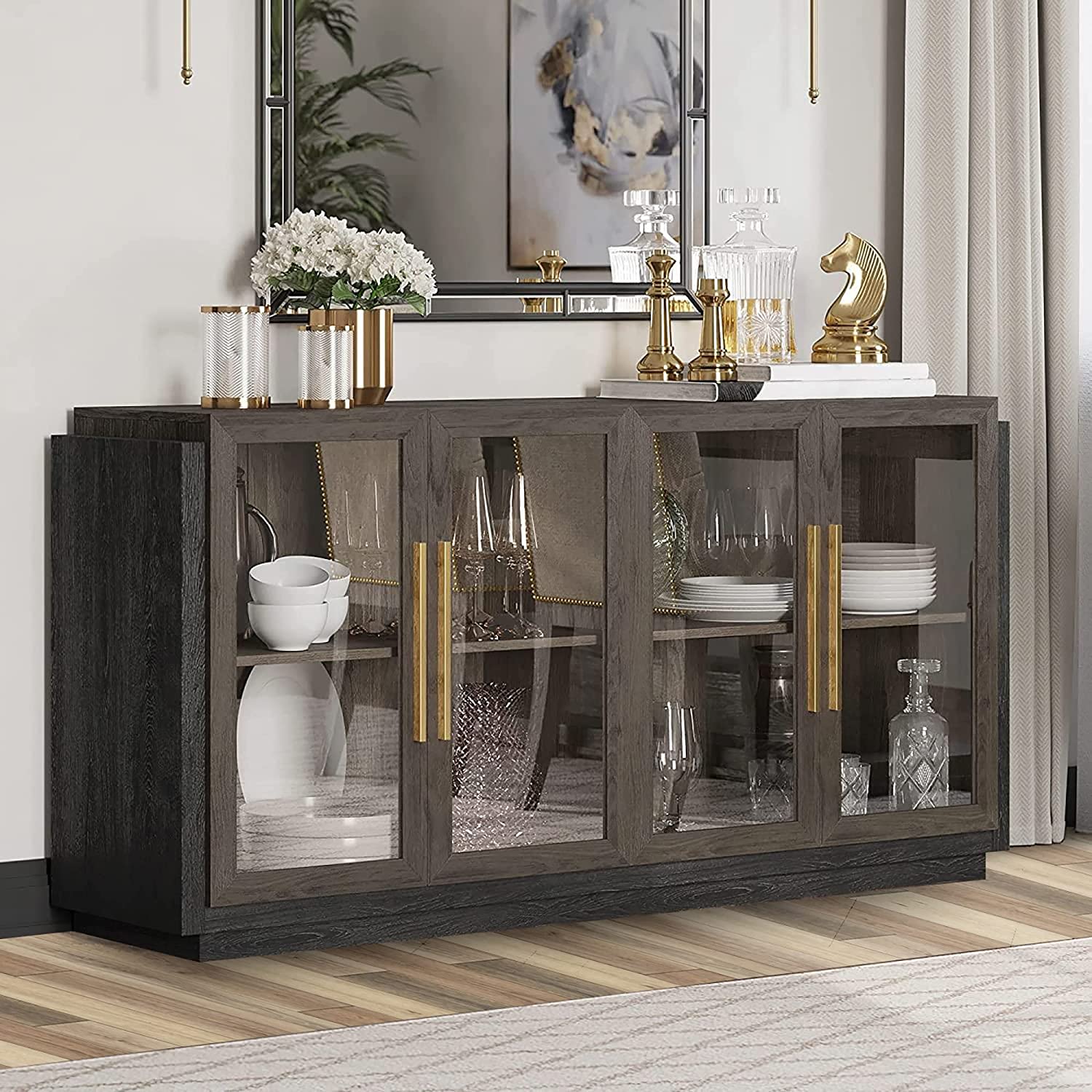 BELLEZE Sideboard Buffet Cabinet, Modern Wood Glass-Buffet-Sideboard with Storage, Console Table for Kitchen, Dinning Room, Living Room, Hallway, or Entrance – Brixston (Brown)
