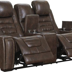 Signature Design by Ashley Game Zone Faux Leather Power Reclining Loveseat with Center Console, Brown