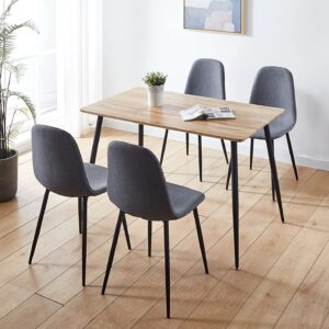 Hallowood Furniture Cullompton Small Dining Table & 4 Fabric Chairs Set with Black Metal Legs – 120 x 70 cm Brown Oak Effect Kitchen Table – Ideal for Home, Restaurants, Pub, Office & Café