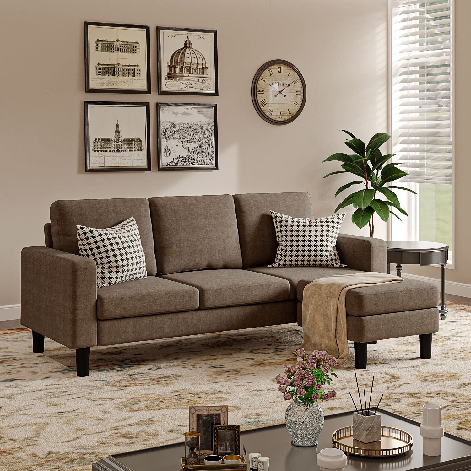 Panana Corner Sofa Couches with Footstool for Living Room Modern Linen Fabric L-Shaped Couch 3-Seat Sofa for Apartment and Small Space, Brown