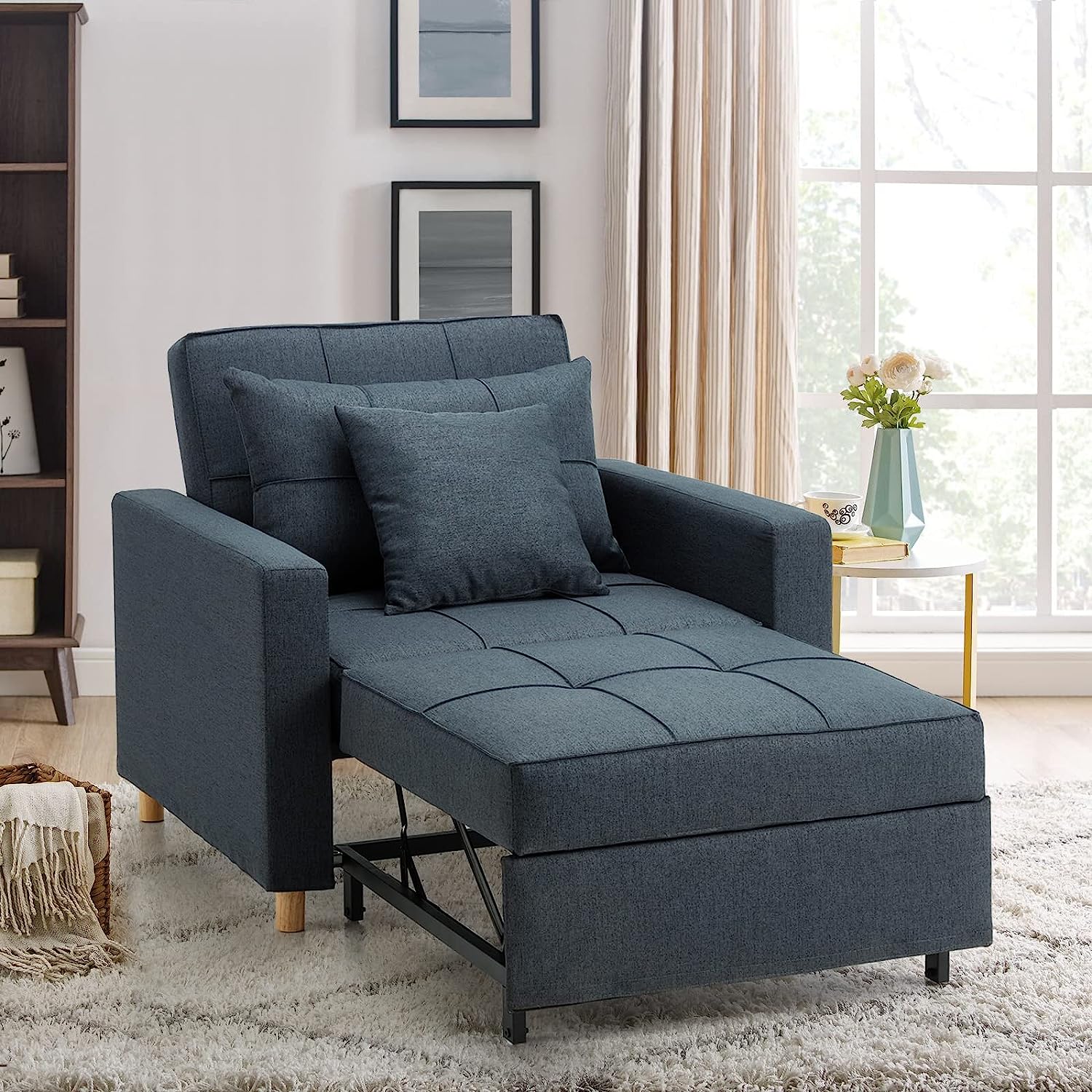 YODOLLA 3-in-1 Sofa Bed Chair, Single Sleeper Chair Bed with Adjustable Backrest Into a Sofa,Lounger Chair,Single Bed,Convertible Chair Bed for Adults, Navy