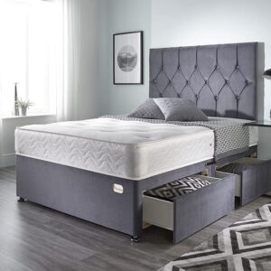 Bed Centre Ziggy Grey Plush Memory Foam Divan Bed Set With Mattress, 2 Drawers (Same Side) and Headboard (Double (135cm X 190cm))