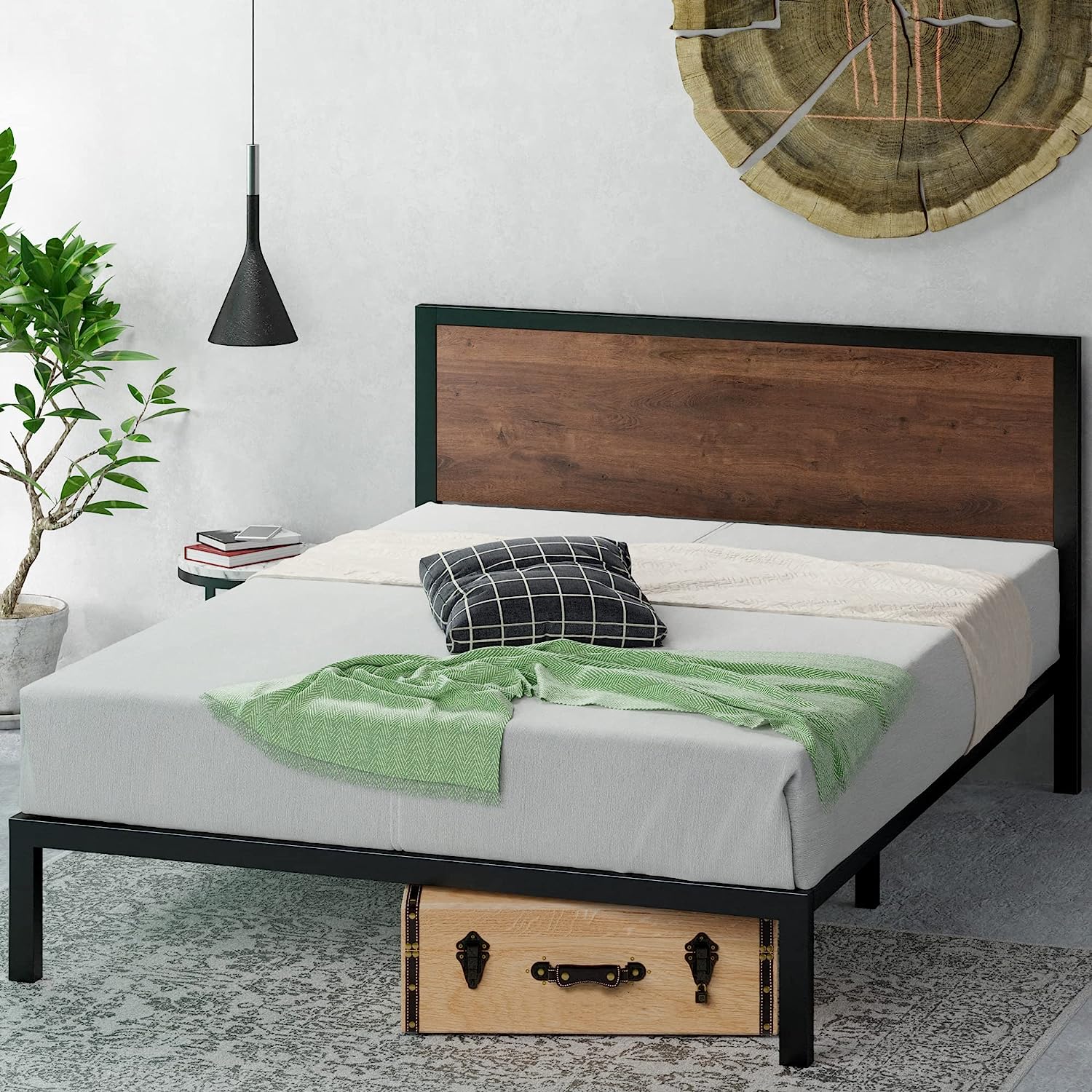 ZINUS Mory 30 cm Metal and Wood Platform Bed Frame | Wood Slat Support | Easy Assembly | Super King | Brown