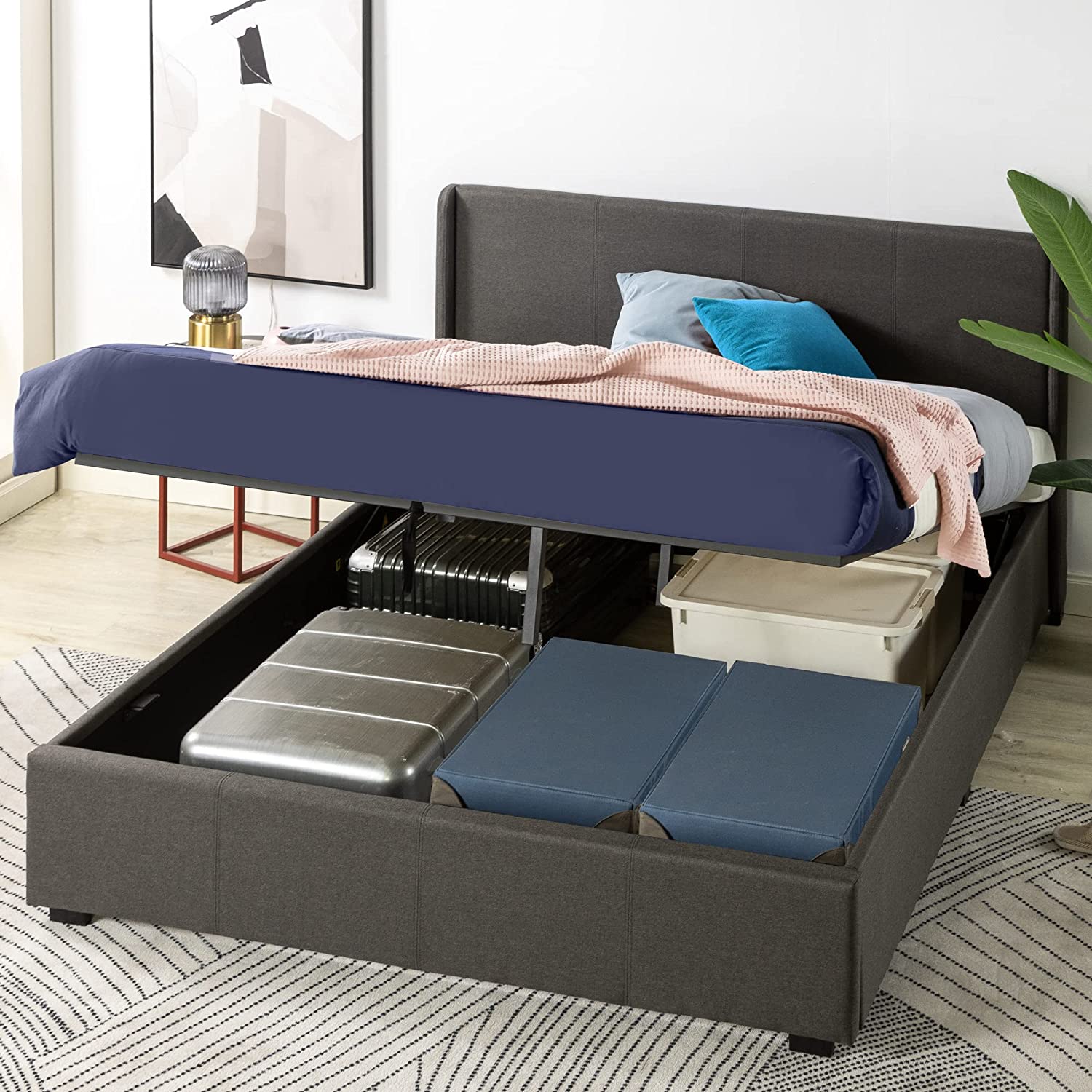 ZINUS 31 cm Maddon Ottoman Gas Lift Upholstered Platform Bed Frame with Storage | Hydraulic Lifting Under Bed Storage | Wood Slat Support | King | Dark Grey