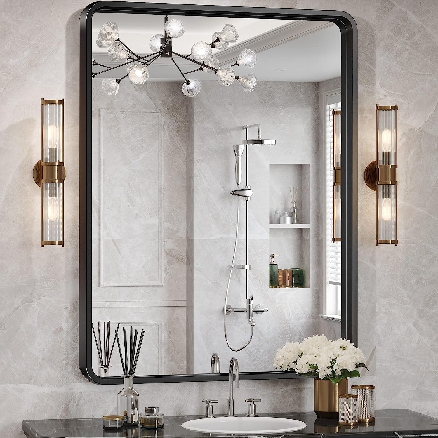 Brightify Black Bathroom Mirror for Wall, 24×36 Inch Rectangular Black Metal Framed Mirror, Modern Wall Mounted Vanity Mirror for Bathroom, Vertical or Horizontal