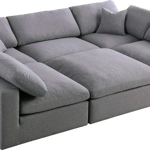 Meridian Furniture Serene Collection Modern | Contemporary Deluxe Cloud-Like Comfort Modular Sectional, Soft Linen Textured Fabric, Down Cushions, 2 Corner + 3 Armless + 1 Ottoman, Grey
