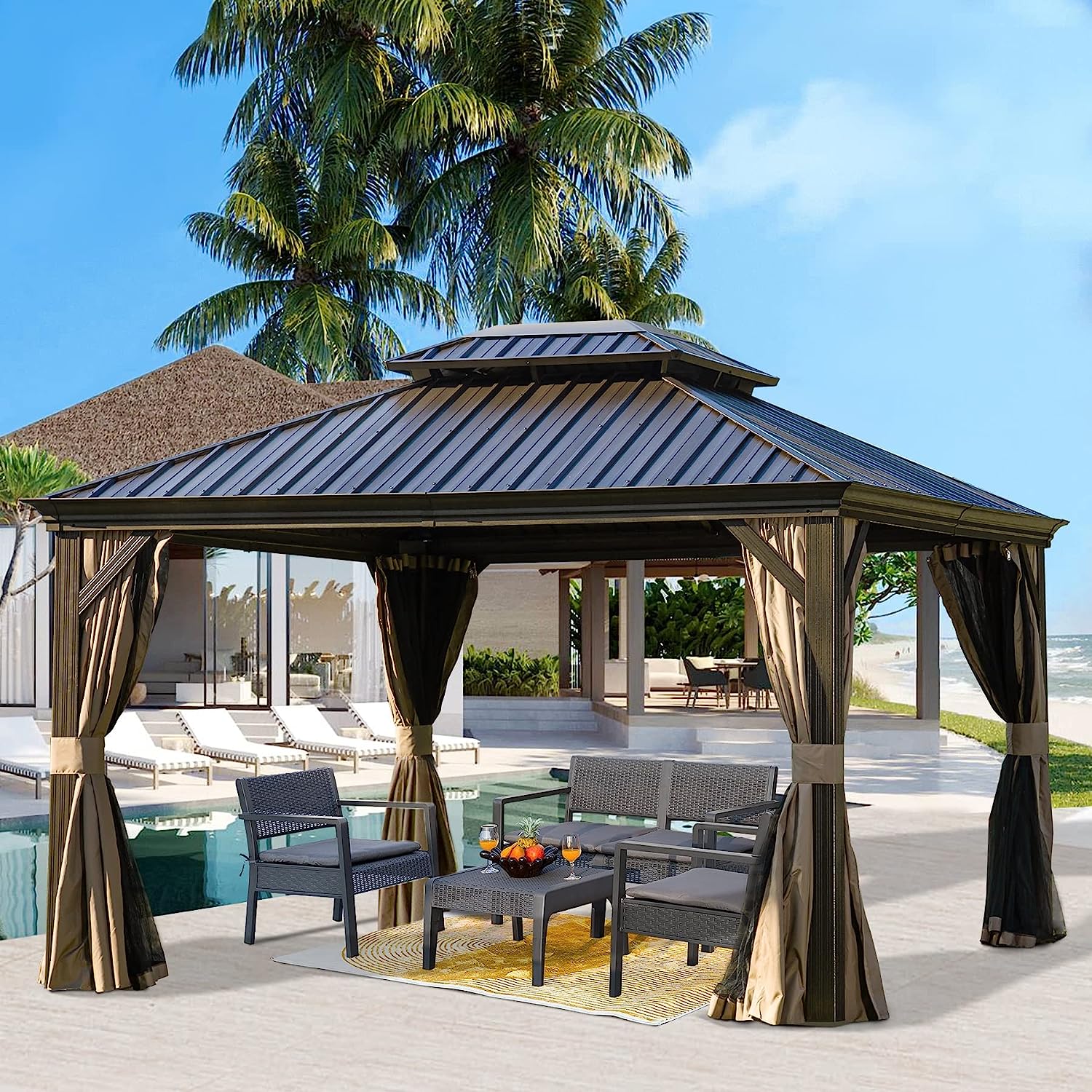 Domi Outdoor Living 10’ X 12’ Hardtop Gazebo Outdoor Aluminum Gazebo with Galvanized Steel Double Roof for Lawn and Garden, with Curtains & Net (Brown)
