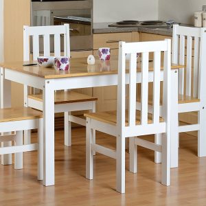 Seconique Ludlow Dining Set – White and Oak – Dining Table and 4 Slatted, Highback Chairs