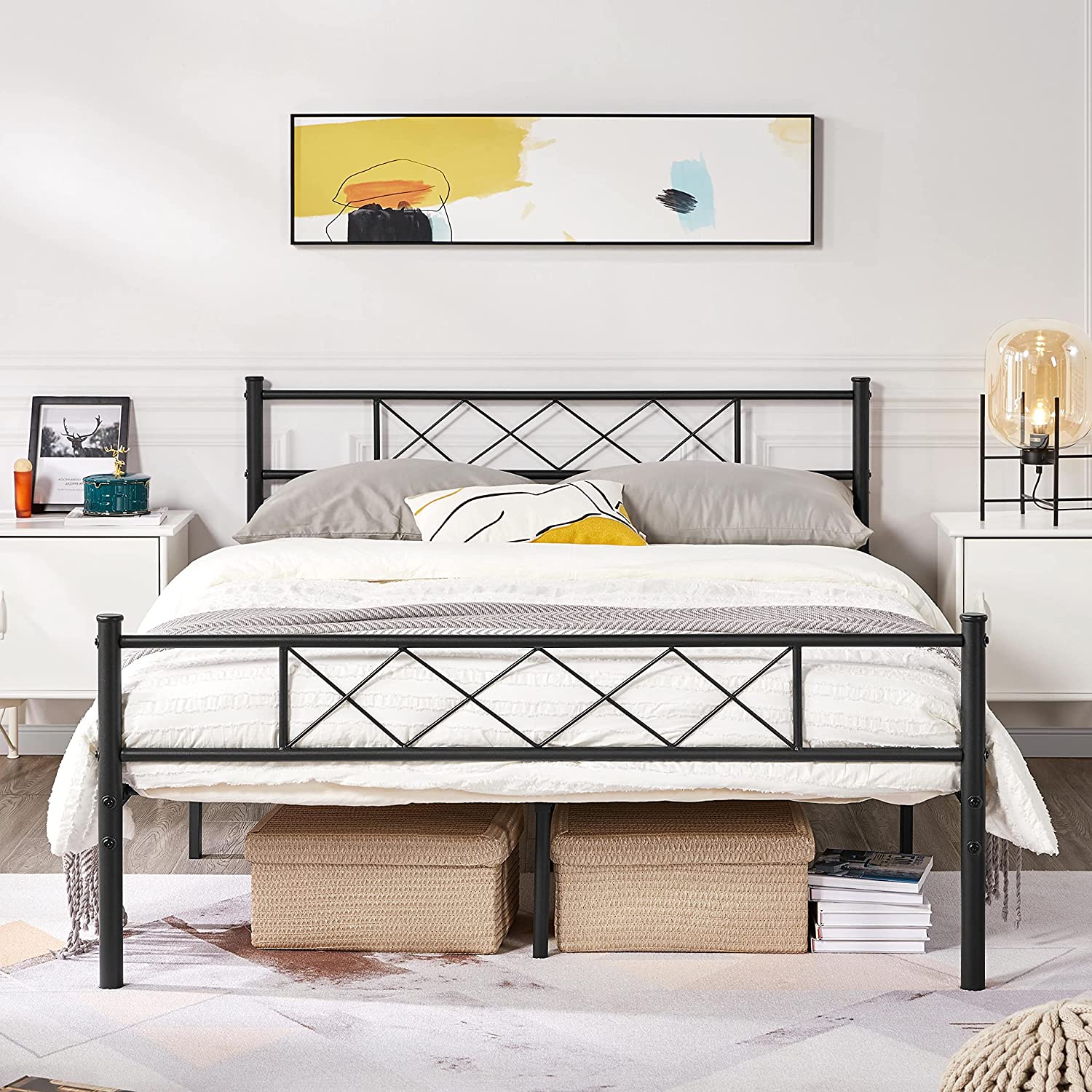 Yaheetch 4ft6 Double Bed, Metal Platform Bed Frame Solid Bedstead Base with Cross-design Headboard and Footboard, Underbed Storage Space, Slatted Bed Fits for Teenagers/Adults, Black