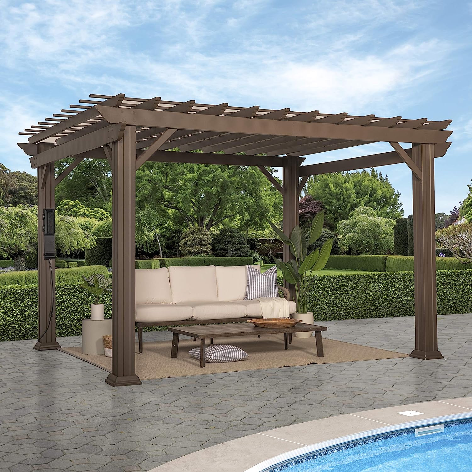 Backyard Discovery 12×10 Ashford Brown Galvanized Steel Traditional Pergola w/Sail Soft Shade Canopy, Rust Resistant, Resist Wind Speeds Up to 100 MPH, Heavy Duty, Powerport USB and Electrical Outlet