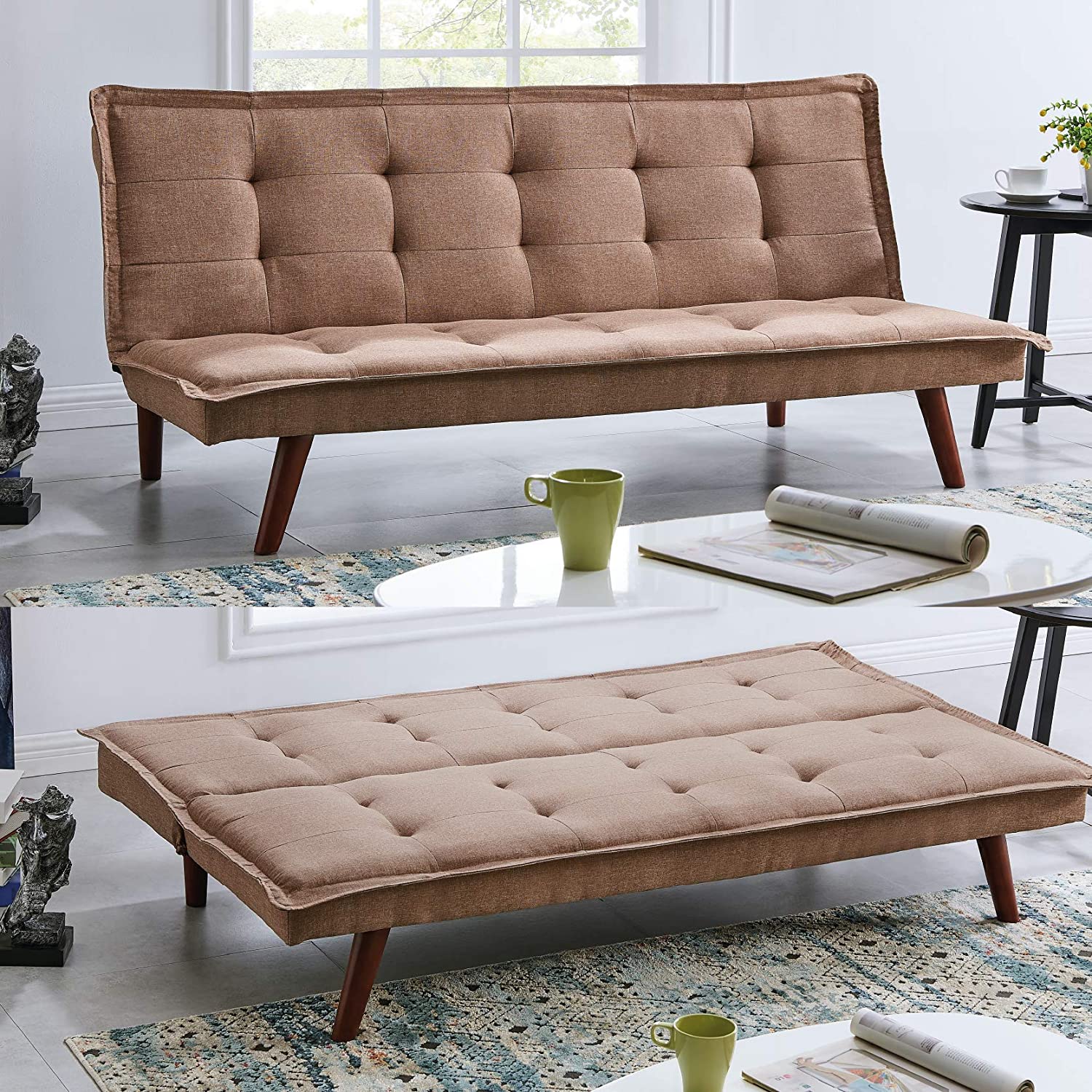 Bravich TONI Three Seater Click Clack Sofa Bed- Beige. Fabric Recliner Double Sofa Bed, Folding Couch Settee. Home Furniture For Living Room, Bedroom & Guest Room – 77 x 172 x 96cm