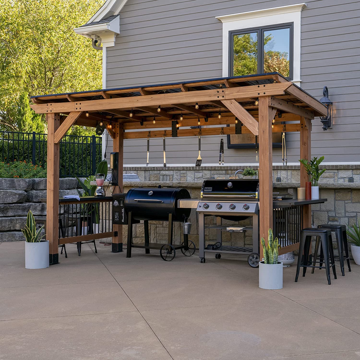 Backyard Discovery Saxony XL Grill Gazebo, 2 full Size Grills, Griddles or Smokers Steel Metal Roof, Wind Resistant – 100 mph, Supports 30 In of Snow, Electrical Outlet, USB, Grilling Hooks