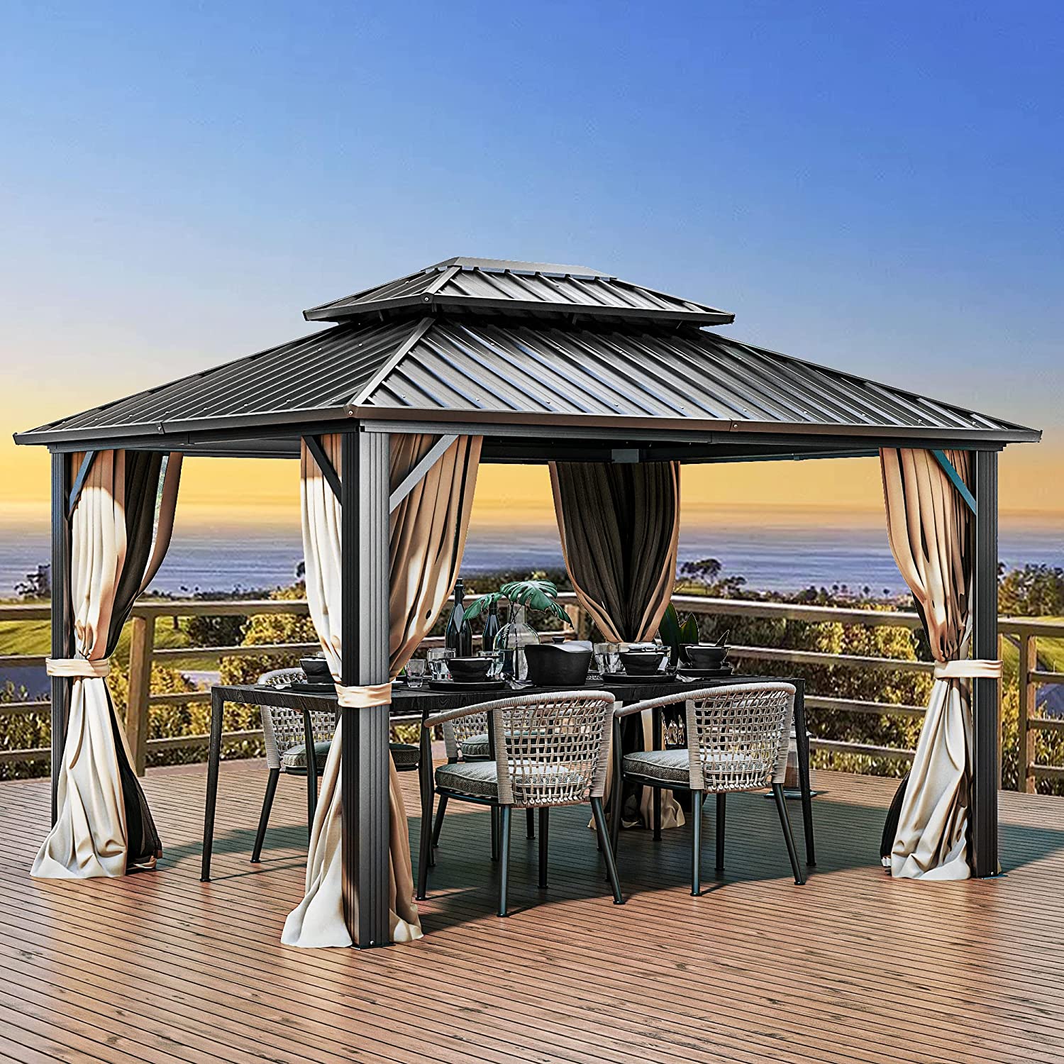 YITAHOME 10×12 ft Gazebo Double Roof Canopy with Netting and Shaded Curtains, Outdoor Gazebo 2-Tier Hardtop Galvanized Iron Aluminum Frame Garden Tent for Patio, Backyard, Deck and Lawns