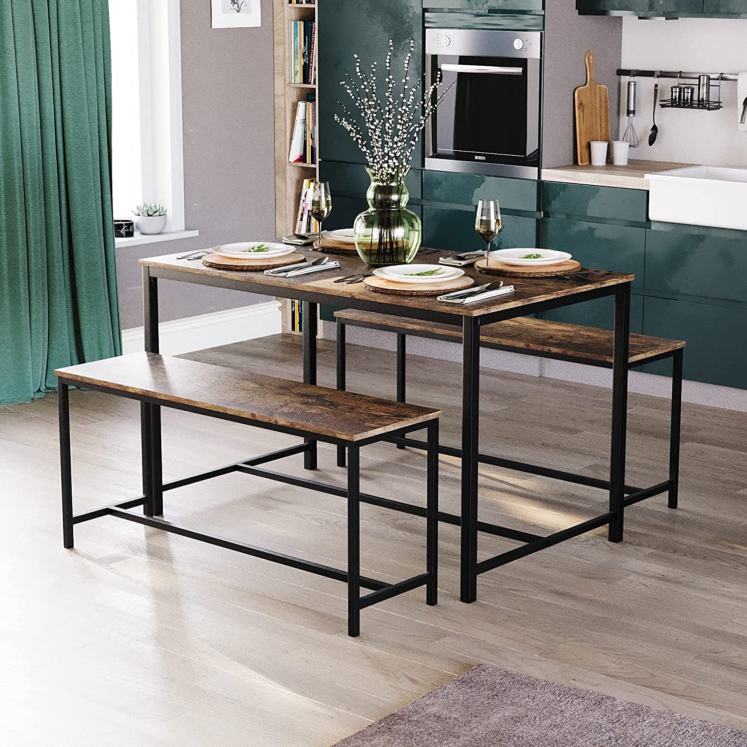 Vida Designs Brooklyn 4 Seater Dining Set 3 Piece Table & Bench Set Industrial Dining Room Furniture (Dark Wood)