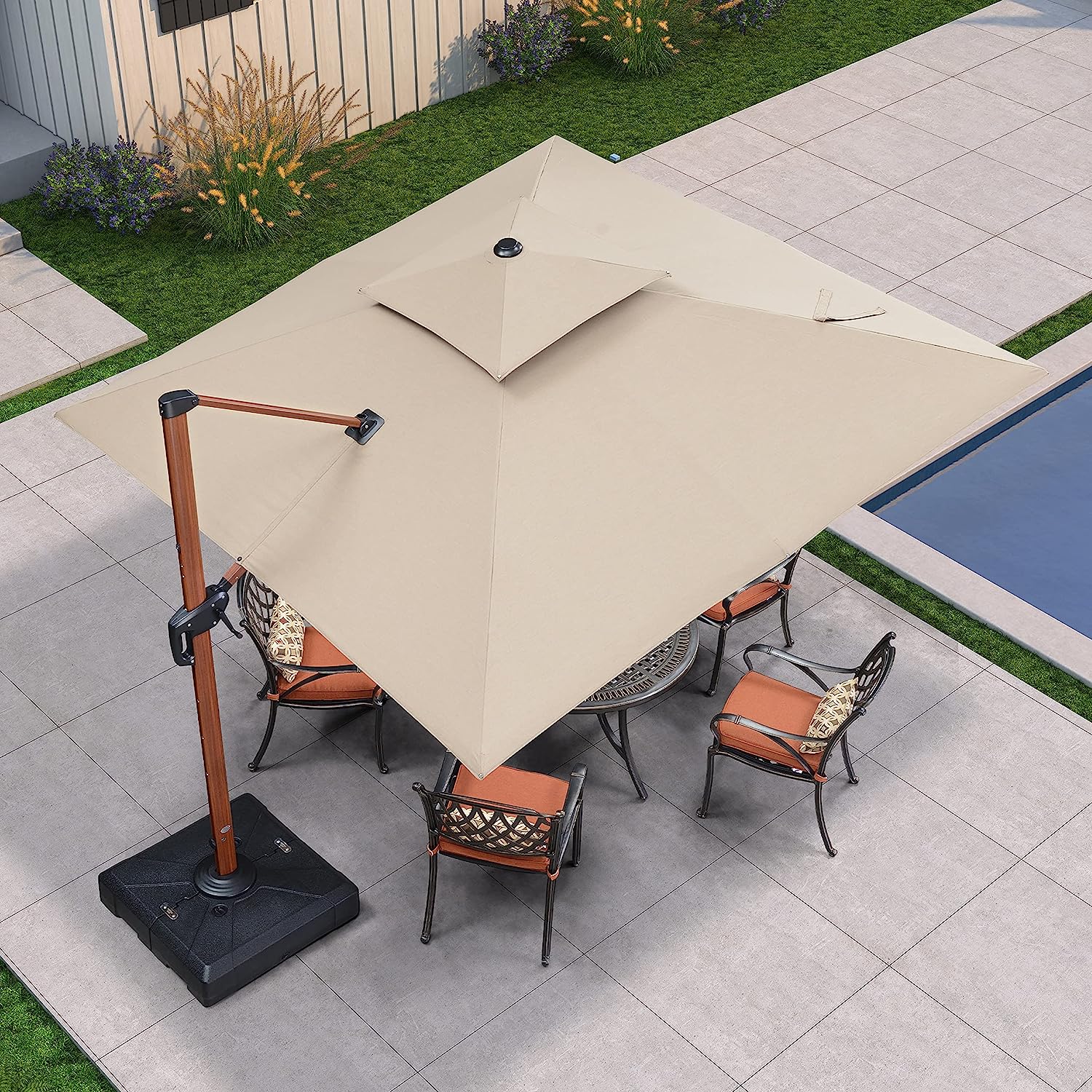 PURPLE LEAF 10 Feet Double Top Deluxe Sunbrella Wood Pattern Square Patio Umbrella Offset Hanging Umbrella Cantilever UmbrellaOutdoor Market Umbrella Garden Umbrella, Heather Beige
