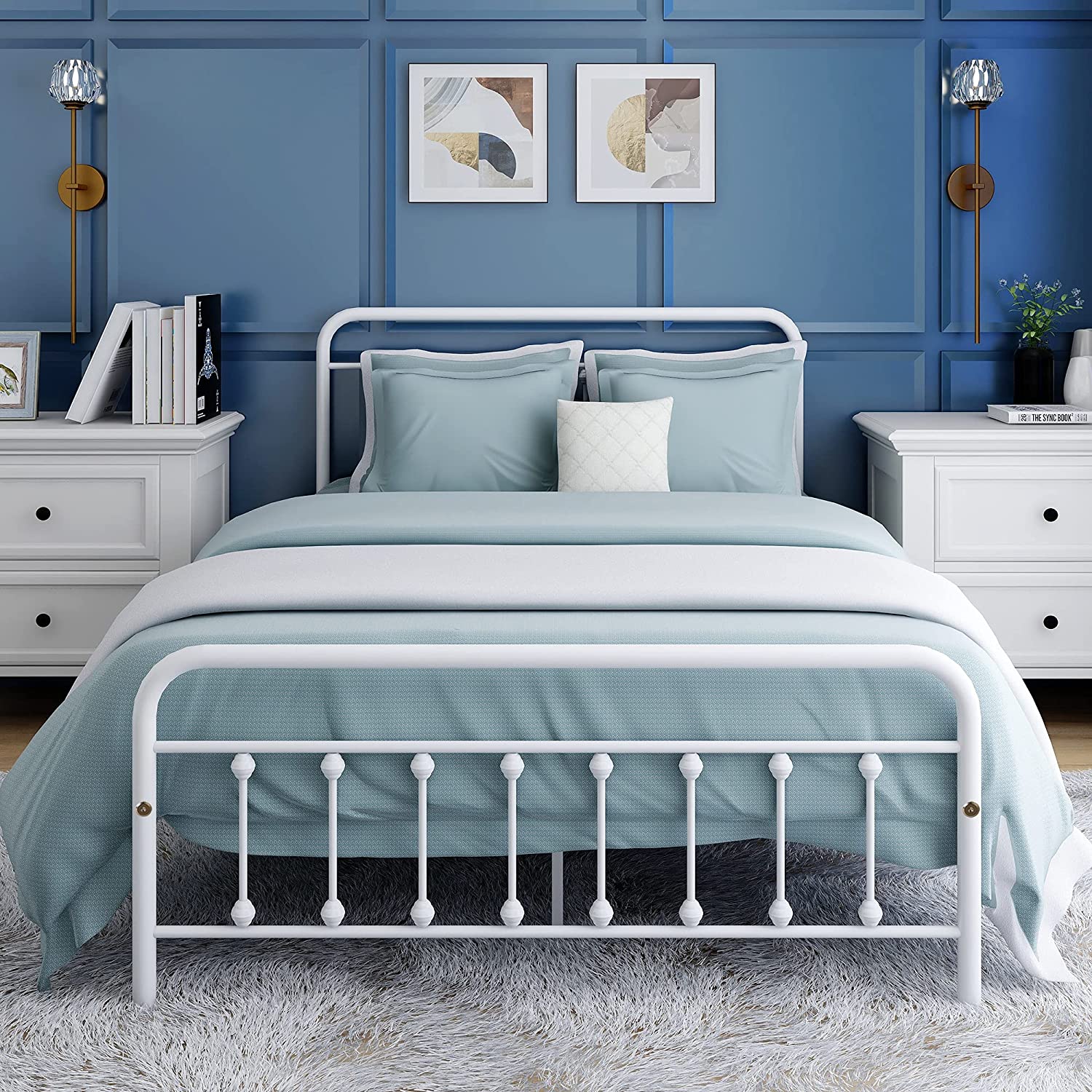Double Bed Frames 4ft6 Metal Platform Bed Frame with Headboard and Footboard/Heavy Duty/Reinforced Steel Slat Mattress Foundation/Under Bed Storage/White